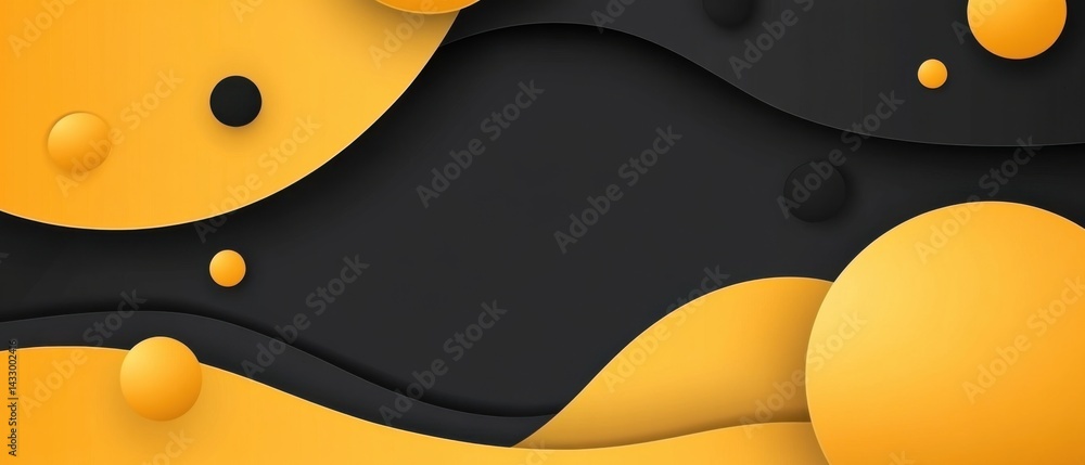 Poster abstract yellow and black background with fluid shapes and spheres for modern design and presentatio
