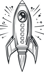 Black and white illustration of a rocket ship blasting off with stylized energy lines around it
