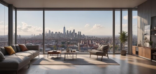 Fototapeta premium Modern apartment, panoramic city view from large window, chic, evening, condo