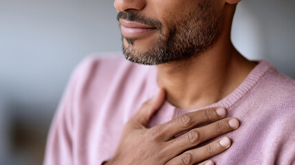 Fototapeta premium Man expressing gratitude with hand on chest 