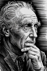 Fototapeta premium Thoughtful Elderly Man Contemplating in Powerful Black and White Line Art