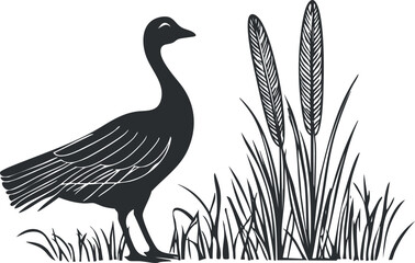 Black silhouette of a goose standing near tall grass and reeds in a wetland environment