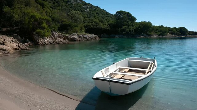 Paddleboat near secluded bay with small beach on island in Italy