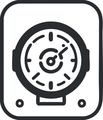 Black and white icon of a speedometer gauge with needle pointer on a round dial for speed measurement