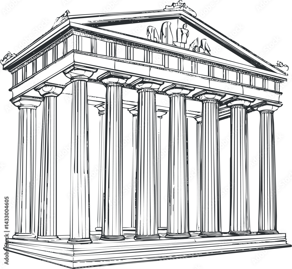 Poster black and white line drawing of an ancient greek temple with classical columns and detailed architec