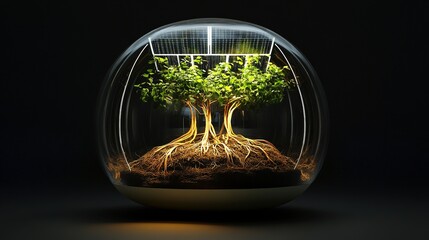 Futuristic Micro-Ecosystem: Floating Biosphere Under Transparent Dome. Solar Panels and Plant Roots Symbiosis on Matte Black Background with Bioluminescent Pulses. Self-Healing Surface Texture for Cre