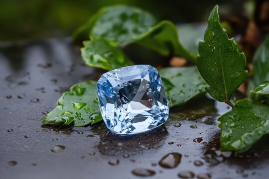 Blue topaz in cushion cut with water droplets
