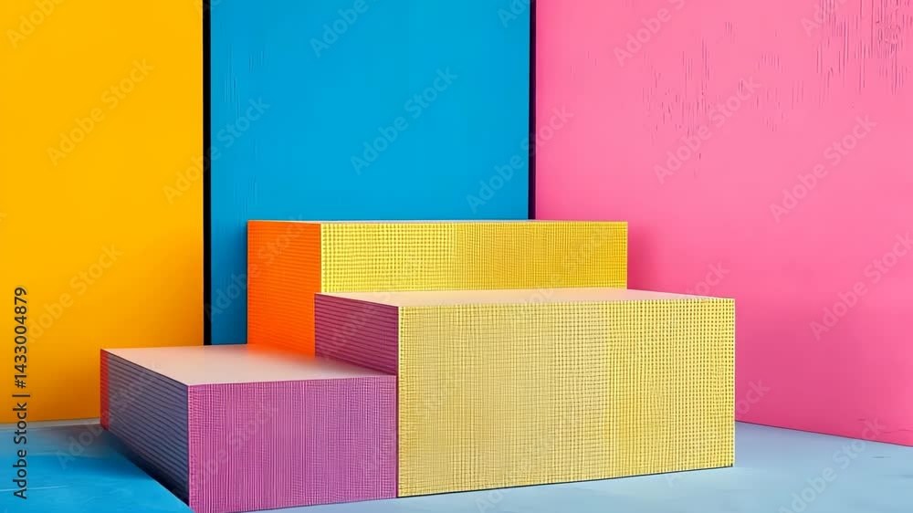 Poster vibrant geometric art installation invites creativity and exploration in a playful setting filled wi