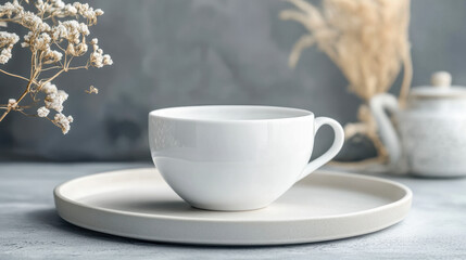 Fototapeta premium Elegant white enameled coffee cup mockup on matte grey backdrop for product display