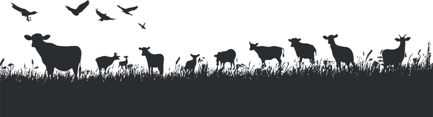 Black silhouette of cows grazing in a grassy field with birds flying overhead on a clear white background