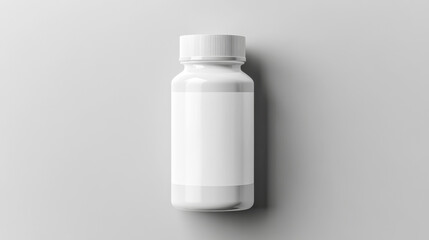 Plain white plastic medicine bottle with blank label on smooth gray background