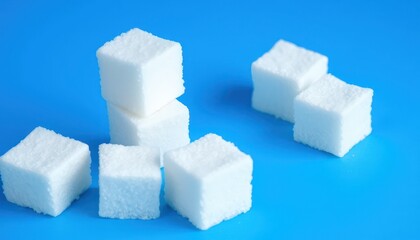 White sugar cubes on blue background