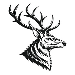 Stag Head Black Silhouette with Detailed Antlers, Wildlife Mammal Icon Isolated