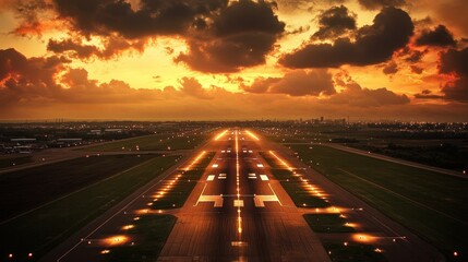 Obraz premium Runway Sunset Cityscape backdrop, illuminated runway, aircraft landing