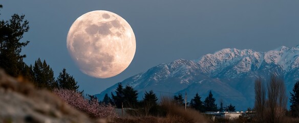 Fototapeta premium Full moon over snow-capped mountains