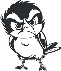 Black and white cartoon illustration of an angry bird with fierce expression and detailed feathers