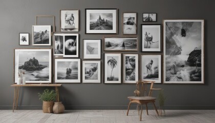 Modern collage frame mockup; various sizes, orientations, artistic photo display, photography, different orientations