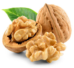 Walnut isolated png. Unpeeled walnut with a half and kernel on transparent background. Perfect retouched walnuts with leaf no background. Nut with transparent shadow. Full depth of field.