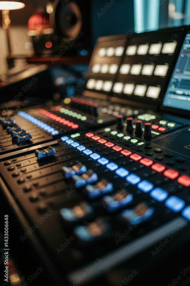Poster dynamic music production console with colorful led controls in a cozy studio atmosphere