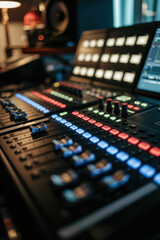 Dynamic Music Production Console with Colorful LED Controls in a Cozy Studio Atmosphere