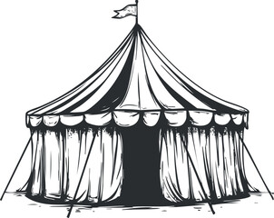 Black and white hand-drawn illustration of a circus tent with striped canopy and flag on top © vadymstock