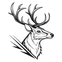 Detailed Deer Head Profile with Antlers in Black and White Elegant Line Art