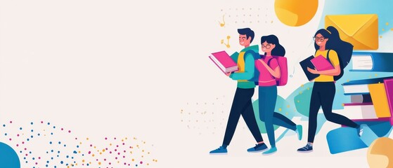 Obraz premium Group of diverse students walking with books and backpacks Concept of education, learning, teamwork, and back to school in a colorful and modern illustration