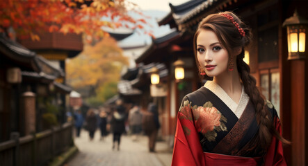 Fototapeta premium woman wearing japanese dress travel in japan city