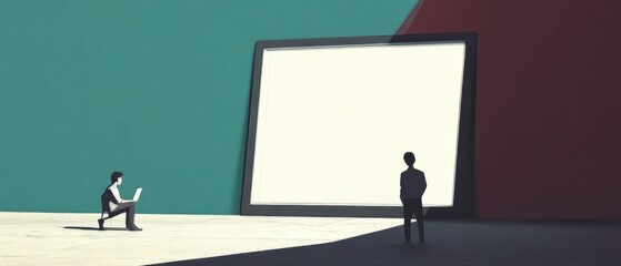 Conceptual illustration of two men, one using laptop and the other contemplating a large blank screen, symbolizing technology, communication, and future possibilities