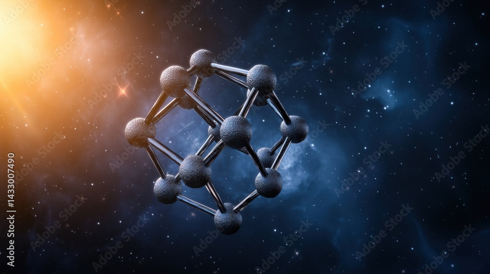 Poster a 3d rendering of a molecule composed of spheres connected by lines, set against a backdrop of stars