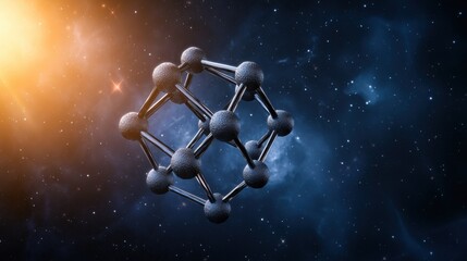 A 3D rendering of a molecule composed of spheres connected by lines, set against a backdrop of stars and nebulae.