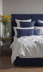 Serene king-size bed, navy sheets, vase of flowers on bedside table ,  navy,  minimalist