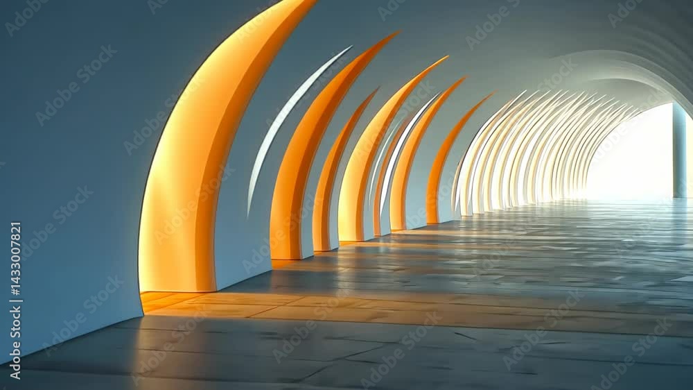 Poster explore the elegant corridor with glowing arches and serene atmosphere at the modern architectural m