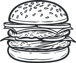 Hand drawn black and white illustration of a classic cheeseburger with sesame bun and double meat patties