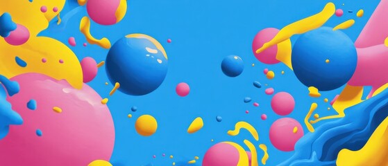Fototapeta premium Abstract background of colorful spheres and fluid shapes in blue, pink, and yellow Modern 3D render with vibrant colors for graphic design and creative concepts