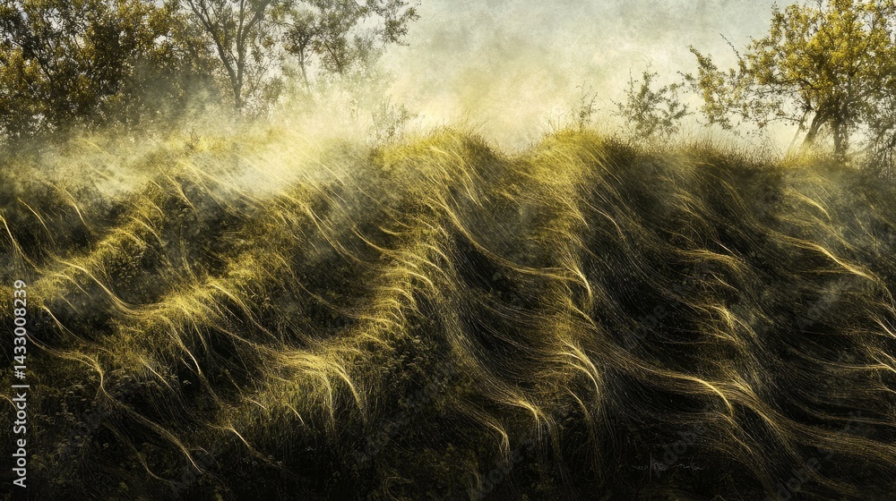 Aufkleber field of tall grass with trees in background under soft sunlight.