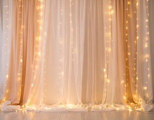 romantic photography backdrop of voile curtains and fairy lights in neutral gold beige colours, drapes background for portraits weddings 