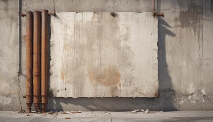 Naklejka premium Torn poster glued to a weathered concrete wall with rusty pipes , wall, structure, graphic