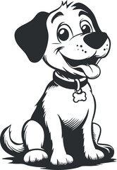 Black and white cartoon illustration of a happy puppy dog sitting with a collar and bone tag.