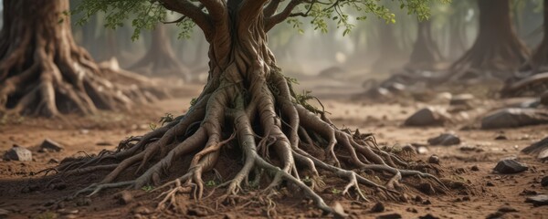 Obraz premium Twisted roots emerging from soil, rich browns and muted greens, green, natural