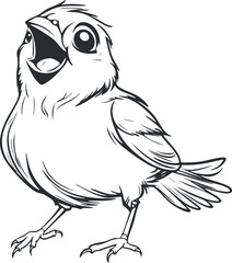 Black and white cartoon illustration of a cute small bird chirping with open beak and expressive eyes.