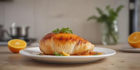 Perfectly roasted chicken breast with a vibrant citrus glaze, nestled on a simple white plate in a kitchen setting ,  roasted,  food photography,  food styling