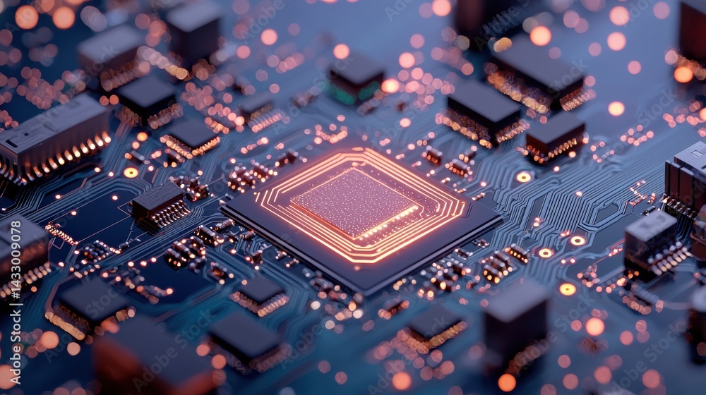 Poster a close-up view of a circuit board with a central processor chip.