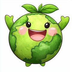 Fototapeta premium Happy Green Cartoon Earth Character with Leaves
