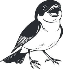 Black and white vector illustration of a small bird with open beak and detailed feathers on a white background