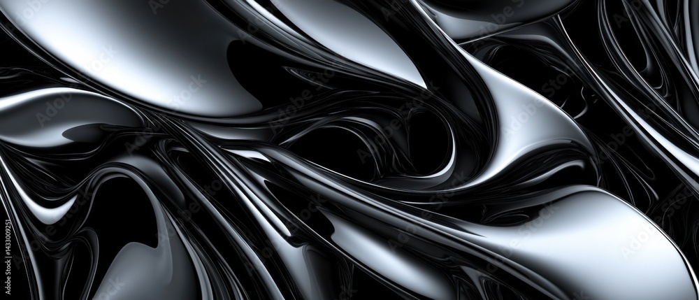 Poster abstract chrome waves background with fluid metallic texture, showcasing smooth curves and reflectio