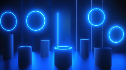 Futuristic display with glowing blue circles and cylinders