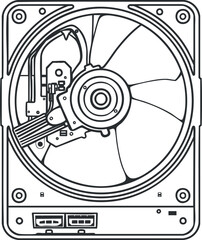 Black and white line drawing of a computer hard drive disk showing internal components and disk platter