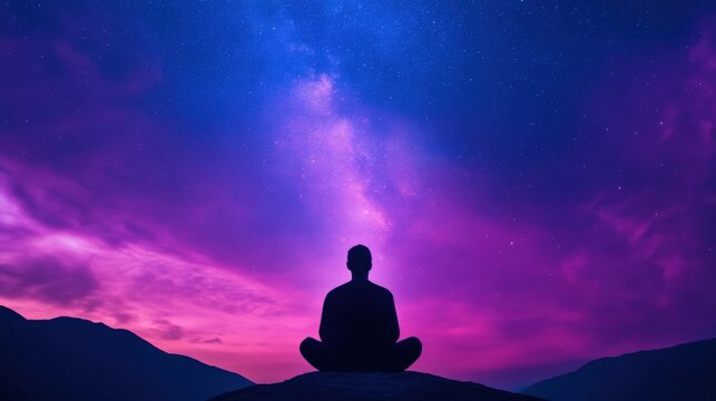 Person meditating under night sky