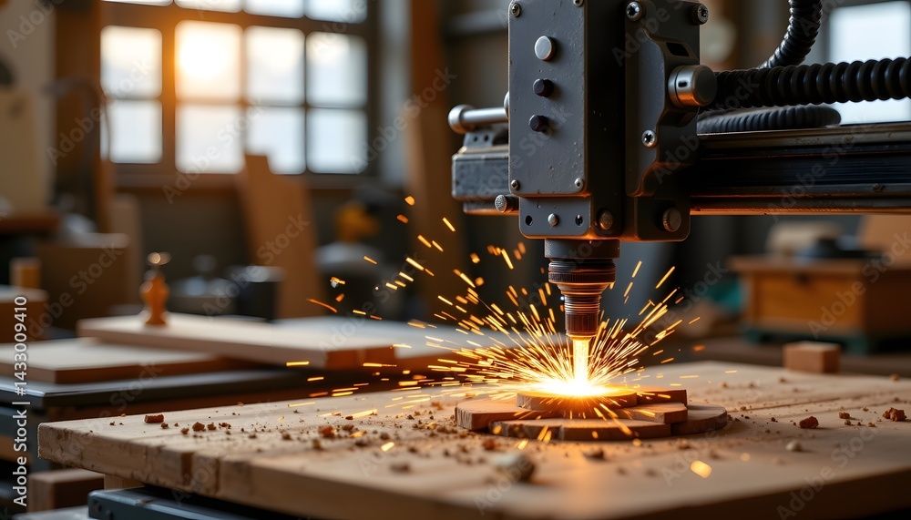 Poster precision cnc machine carving wood with sparks flying in a modern workshop environment